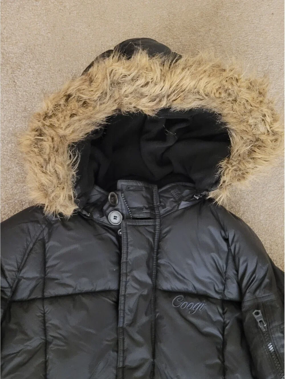 Coogi Kids Black Puffer Bomber Jacket 18/20 XL Faux Fur Hood Winter Coat Unisex